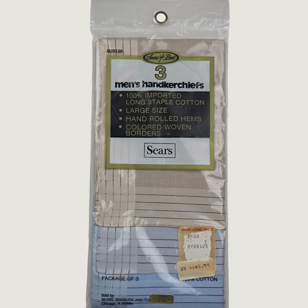 Vintage NOS Sears 100% Cotton Handkerchiefs Set of 3 Blue Tan Woven Borders